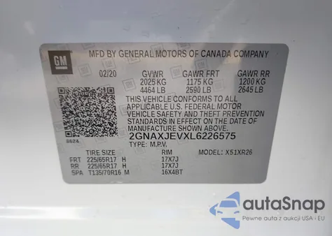 2020 Chevrolet Equinox Fwd 2Fl z USA, uszkodzony, nr VIN 2GNAXJEVXL6226575